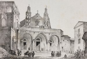 Sessa Aurunca székesegyházának homlokzata, Campania, Olaszország, Salvatore Puglia litográfiája Pasquale Mattei (1813-1879) rajza nyomán a Poliorama Pittoresco-ból, 42. szám, május 24. alkotó: Salvatore Puglia