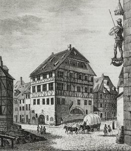 Albrecht Durer (1471-1528) háza Nürnbergben, Németországban, Salvatore Puglia litográfiája a Poliorama Pittoresco-ból, március 12., 31.