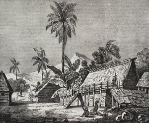Noukahiva-sziget királynőjének háza (ma Nuku Hiva), Marquesas-szigetek, Francia Polinézia, Salvatore Puglia litográfiája a Poliorama Pittorescoból, április 37.