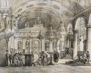 Baloukli görög templom belseje, Konstantinápoly közelében, Törökország, Salvatore Puglia litográfiája a Poliorama Pittorescoból, n. 28, február 15. alkotó: Salvatore Puglia