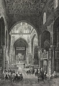 A Palazzo dei Normanni Palatinus-kápolna vagy a Palermói Királyi Palota belseje, Szicília, Olaszország, Salvatore Puglia litográfiája a Poliorama Pittoresco-ból, 41. szám, május 21.