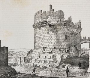 Cecilia Metella mauzóleuma a Via Appián, Róma, Lazio, Olaszország, Salvatore Puglia litográfiája a Poliorama Pittorescoból, december 20., december 21. alkotó: Salvatore Puglia