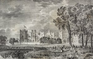 Raby Castle, Durham, Anglia, Egyesült Királyság, Salvatore Puglia litográfiája a Poliorama Pittorescoból, 42. szám, május 27. alkotó: Salvatore Puglia