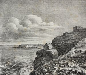 Francois-Rene de Chateaubriand sírja Saint-Malo-ban, Franciaországban, Gaetano Riccio litográfiája a Poliorama Pittoresco-ból, március 18., 32. alkotó: Salvatore Puglia