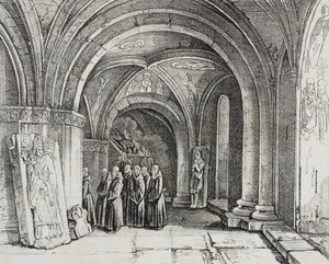 A bázeli katedrális földalatti temploma, Svájc, Salvatore Puglia litográfiája a Poliorama Pittorescoból, 50. szám, július 22. alkotó: Salvatore Puglia