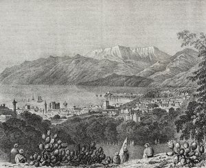 Kilátás Bejrútra és a Mount Lebanon hegységre, Libanon, Salvatore Puglia litográfiája a Poliorama Pittorescoból, október 1. 8.