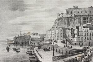 Borgo Santa Lucia látképe, Nápoly, Campania, Olaszország, Salvatore Puglia litográfiája a Poliorama Pittorescoból, n. 36, április 15.