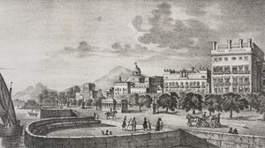 Kilátás a Bourbon fórumra és a Trinacria szállodára, Palermo, Szicília, Olaszország, Salvatore Puglia litográfiája Di Giovanni metszetével a Poliorama Pittorescoból, n. 37, április 19.