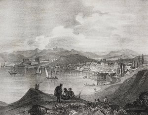 Korfu kilátása az Oliveto-hegyről, Jón-szigetek, Görögország, Salvatore Puglia litográfiája a Poliorama Pittorescoból, január 25. n. 25.