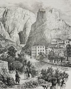 Fontaine-de-Vaucluse (Franciaország) látképe, Sardi litográfiája, Poliorama Pittoresco, 51. szám, július 30. alkotó: Salvatore Puglia