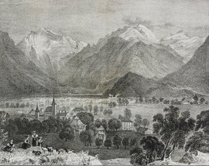 Interlaken, Svájc látképe, Salvatore Puglia litográfiája a Poliorama Pittorescoból, n. 36, április 16. alkotó: Salvatore Puglia