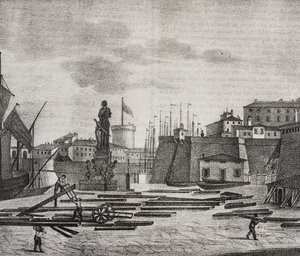 Kilátás a Livornói dokkról, Toszkána, Olaszország, Salvatore Puglia litográfiája, Poliorama Pittoresco, n. 38, április 26. alkotó: Salvatore Puglia