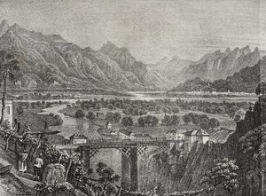 Kilátás az Ossola-völgyre Sempionéből, Piemont, Olaszország, Salvatore Puglia litográfiája a Poliorama Pittorescoból, n. 28, február 18. alkotó: Salvatore Puglia