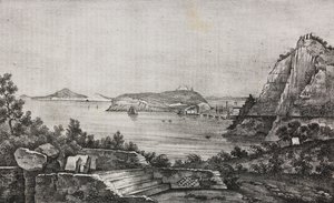 Posillipo kilátása a monsignor Di Pietro teraszáról, Campania, Olaszország, Salvatore Puglia litográfiája a Poliorama Pittoresco-ból, n 32, március 16. alkotó: Salvatore Puglia