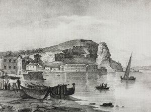 Terracina, Lazio, Olaszország, Salvatore Puglia litográfiája a Poliorama Pittorescoból, n. 22, január 8. alkotó: Salvatore Puglia