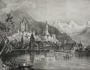 Thun látképe, Bern kanton, Svájc, Salvatore Puglia litográfiája, Poliorama Pittoresco, 35., április 9. alkotó: Salvatore Puglia
