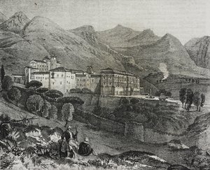 Kilátás a San Martino delle Scale kolostorra Palermo közelében, Szicília, Olaszország, Salvatore Puglia litográfiája a Poliorama Pittorescoból, n. 47, július 2.