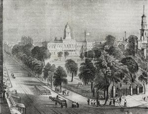 Kilátás a parkra és a New York-i városházára, Amerikai Egyesült Államok, Salvatore Puglia litográfiája a Poliorama Pittorescoból, január 22. 24. alkotó: Salvatore Puglia
