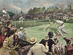 A wimbledoni gyeplabda-bajnokság 1891-ben, W Baddeley és J Pim urak versenyeznek a döntőért (színes metszet).