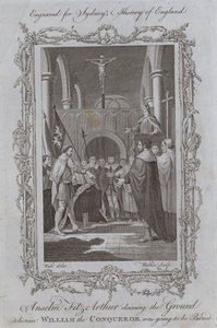 Anselm Fitz-Arthur igényt tart arra a földre, ahol Hódító Vilmost el fogják temetni (metszet) alkotó: Samuel (after) Wale