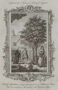 Gardiner püspök egy őrrel jön, hogy megragadja Catherine Parrt, aki VIII. Henrikkel sétált a kertben (metszet)