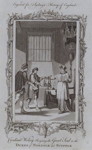 Wolsey bíboros lemondott a Norfolk és Suffolk hercegek nagy pecsétjéről (metszet) alkotó: Samuel (after) Wale
