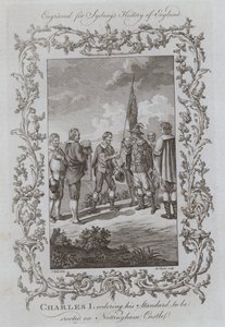 I. Károly elrendeli, hogy állítsák fel Standardját a Nottingham kastélyban (metszet) alkotó: Samuel (after) Wale