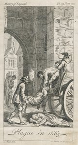 Pestis áldozatok gyűjtése, Holywell Lane, Shoreditch, London, Egyesült Királyság (metszet) alkotó: Samuel (after) Wale