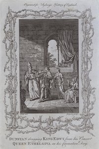 Dunstan elrángatja Edwy királyt hitvesétől, Ethelgiva királynőtől a koronázási napján (metszet) alkotó: Samuel (after) Wale