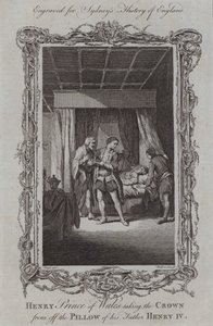 Henry walesi herceg leveszi a koronát apja IV. Henrik párnájáról (metszet)