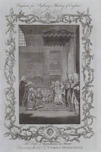 Queensberry és Dover hercege bemutatja az egyesülési okmányt Anne királynőnek (metszet) alkotó: Samuel (after) Wale