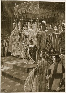 A sarkantyú és a kard bemutatása VI. Henrik koronázásakor, Szent Leonárd napján, 1429. november 6-án, a „The Illustrated London News”-ból, 1902 alkotó: Samuel Begg