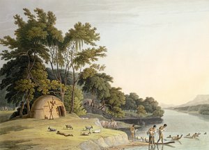 Egy Korah Hottentot falu az Orange-folyó bal partján, 1. tábla az „Afrikai tájak és állatok” című könyvből, a művész metszetével, 1804 (akvatinta)
