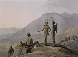 Bush-Men Hottentots Armed for an Expedition, 2. tábla az "African Scenery and Animals" című képből, a művész metszete. alkotó: Samuel Daniell