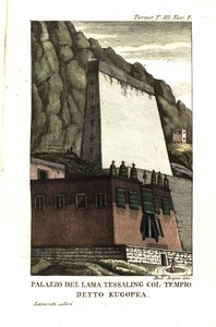 Tessaling Láma lakóháza a Kugopea nevű vallási építménnyel. Samuel Davis hadnagy illusztrációja Samuel Turner kapitánytól (1759-1802) Egy nagykövetség beszámolója a tibeti Teshoo láma udvarában 1800. Dell