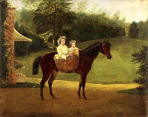 Két lány portréja pónikon egy táskában (olaj a panelen) alkotó: Samuel Henry Alken
