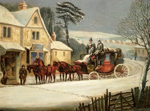 Téli jelenet a királyi postával megállva egy fogadóban (olaj a panelen) alkotó: Samuel Henry Alken
