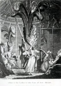 A Hölgyeknek szóló tanács, hogy vigyázzanak a fejükre, kiadó: Sayer und Bennett (1774-1786), 1776 (mezzotinto) alkotó: Samuel Hieronymous Grimm
