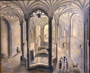 A Holywell Spa, Észak-Wales belső képe (akvarell tollal és tintával papíron) alkotó: Samuel Hieronymous Grimm