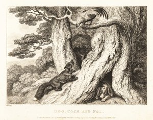 A kakas a fán kijátssza a rókát, míg a kutya alszik. 1811 (rézkarc) alkotó: Samuel Howitt