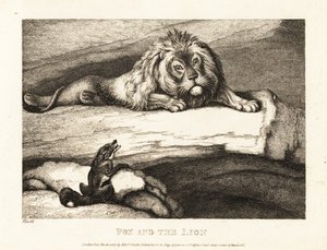 Egy róka ostobán közeledik egy hím oroszlánhoz a barlangjában. 1811 (rézkarc) alkotó: Samuel Howitt