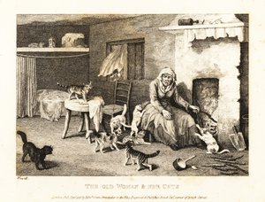 Öreg gazember ül a kandallónál egy kunyhóban, macskákkal körülvéve. 1811 (rézkarc)