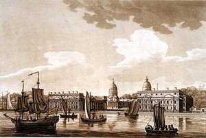 Greenwich Kórház, illusztráció a „Picturesque Views of the Thames River”, pub. 1799 (rézkarc, akvatinta)