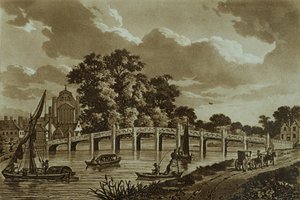 Hampton Court Bridge, illusztráció a „Picturesque Views of the Thames River”, kocsma. 1799 (rézkarc, akvatinta) alkotó: Samuel Ireland