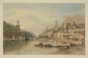 Kilátás az Avonról Hotwellsnél: The Proposed Suspension Bridge, 1836 körül (ceruza és akvarell papíron) alkotó: Samuel Jackson
