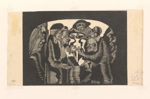 Alakcsoport egy ívben Látnoki képzelet: ív alakú figurák csoportja, felül középen egy kalapos férfi alkotó: Samuel Jessurun de Mesquita (signed by artist)