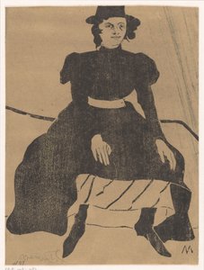Ülő nő kalapban és fekete ruhában, térdre tett kézzel alkotó: Samuel Jessurun de Mesquita (signed by artist)
