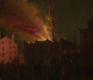 A szabadkőműves csarnok tűzvész, Chestnut Street, Philadelphia, Pennsylvania, 1819 alkotó: Samuel Jones