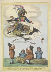 Napóleon királynak küldi Louis Napóleont gólya alakban Hollandiába, 1806-ban Jupiter Bonney királyt adományoz a holland békáknak (cím a tárgyon) alkotó: Samuel Knight