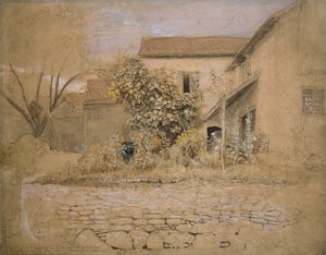 Ház és kert a Tinternnél, 1835 (toll és tinta, wc és testszín grafiton és fekete krétával rózsaszínes, sima papíron) alkotó: Samuel Palmer